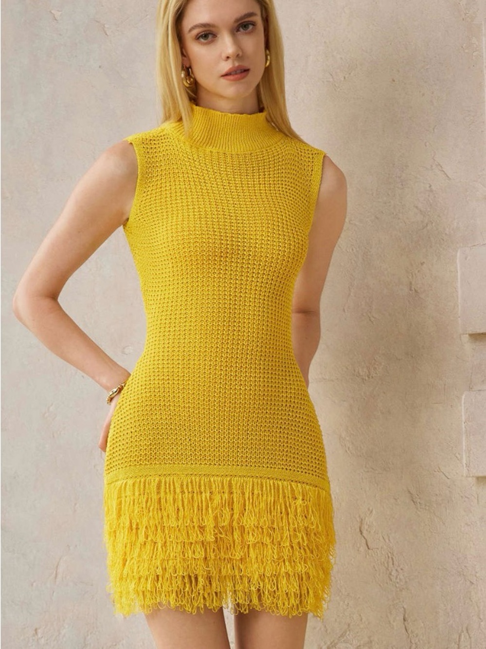 Sleeveless Yellow Fringe Knit Mini Dress